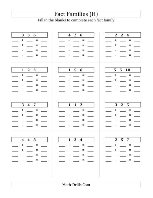 The Addition and Subtraction Relationships with Sums to 10 and All Blank (H) Math Worksheet