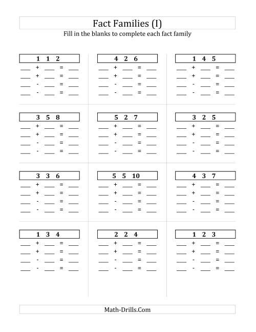 The Addition and Subtraction Relationships with Sums to 10 and All Blank (I) Math Worksheet