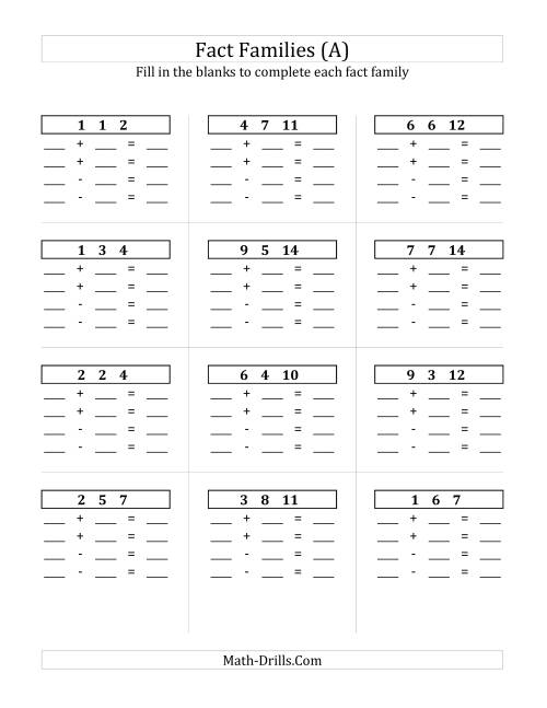The Addition and Subtraction Relationships with Sums to 18 and All Blank (A) Math Worksheet