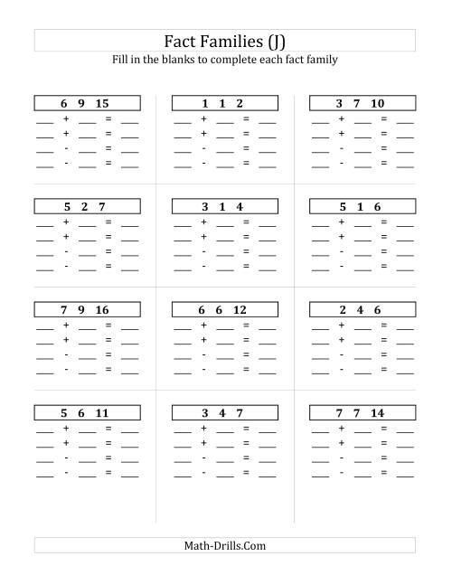 The Addition and Subtraction Relationships with Sums to 18 and All Blank (J) Math Worksheet