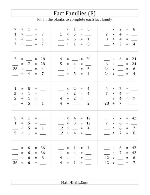 The Multiplication and Division Relationships with Products to 49 (E) Math Worksheet