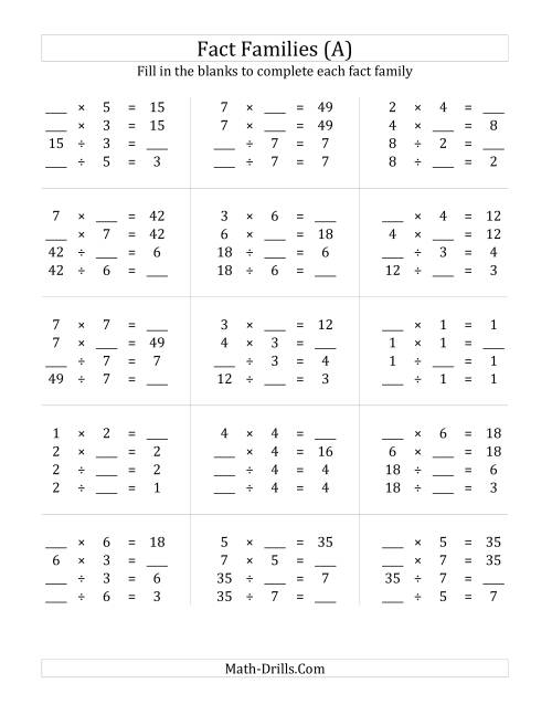 The Multiplication and Division Relationships with Products to 49 (All) Math Worksheet