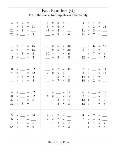 The Multiplication and Division Relationships with Products to 81 (G) Math Worksheet