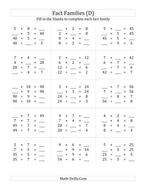 The Multiplication and Division Relationships with Products to 100 (D) Math Worksheet