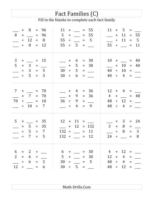 The Multiplication and Division Relationships with Products to 144 (C) Math Worksheet