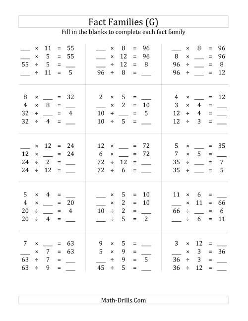 The Multiplication and Division Relationships with Products to 144 (G) Math Worksheet