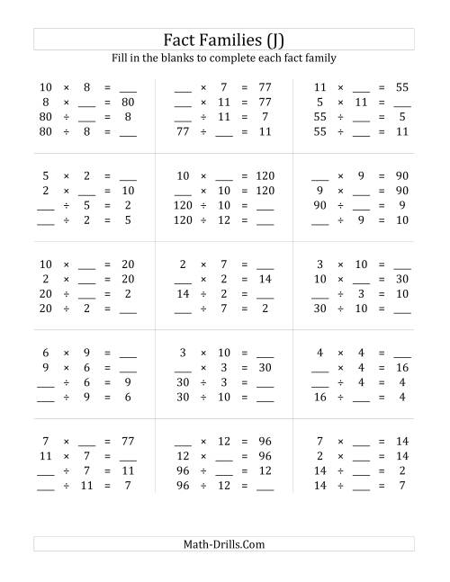 The Multiplication and Division Relationships with Products to 144 (J) Math Worksheet