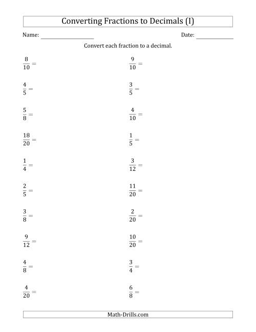 The Converting Fractions to Terminating Decimals (I) Math Worksheet