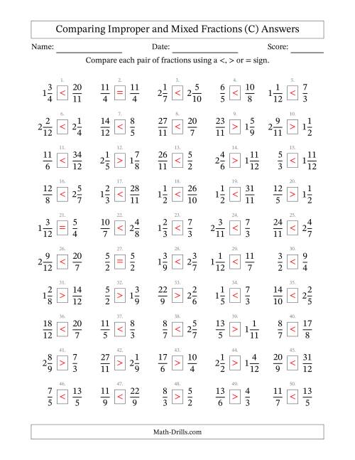 The Comparing Improper and Mixed Fractions to Twelfths (C) Math Worksheet Page 2