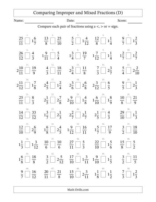 The Comparing Improper and Mixed Fractions to Twelfths (D) Math Worksheet
