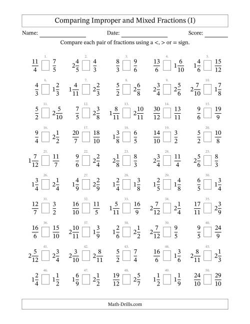 The Comparing Improper and Mixed Fractions to Twelfths (I) Math Worksheet