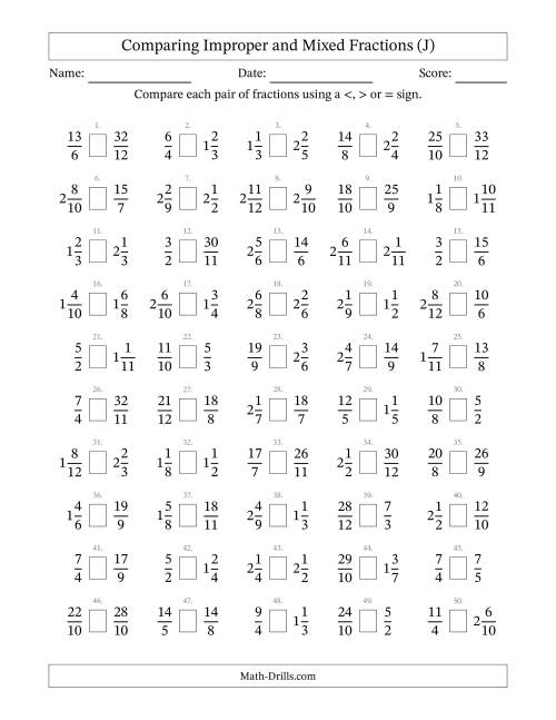 The Comparing Improper and Mixed Fractions to Twelfths (J) Math Worksheet