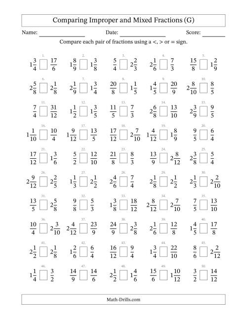 The Comparing Improper and Mixed Fractions to Twelfths (No Sevenths; No Elevenths) (G) Math Worksheet