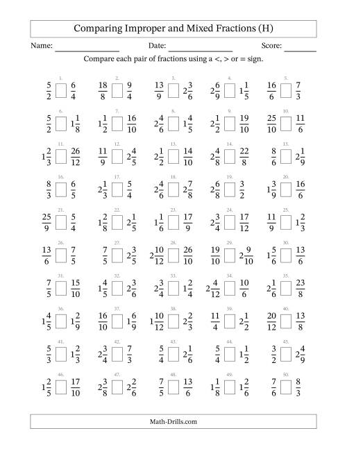 The Comparing Improper and Mixed Fractions to Twelfths (No Sevenths; No Elevenths) (H) Math Worksheet