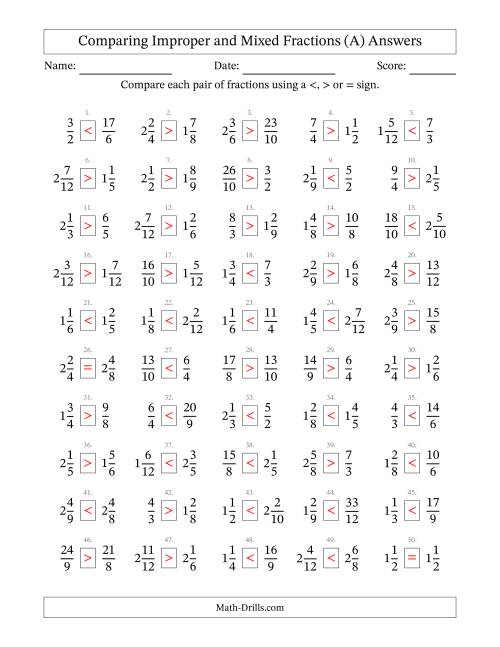 The Comparing Improper and Mixed Fractions to Twelfths (No Sevenths; No Elevenths) (All) Math Worksheet Page 2