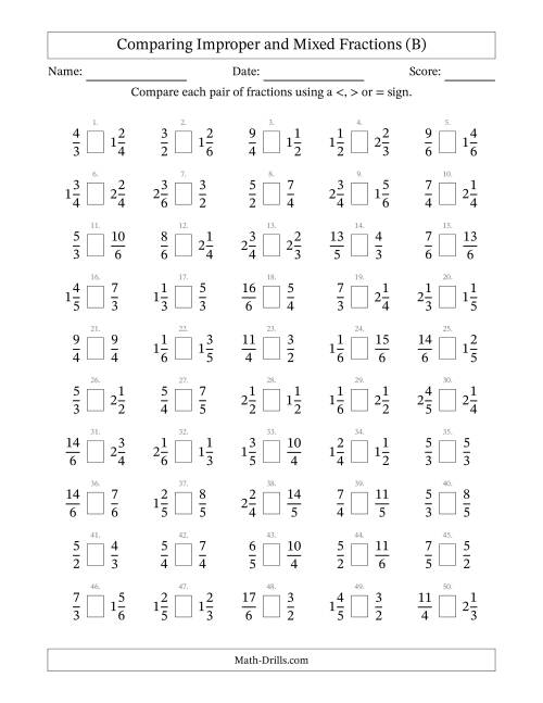 The Comparing Improper and Mixed Fractions to Sixths (B) Math Worksheet