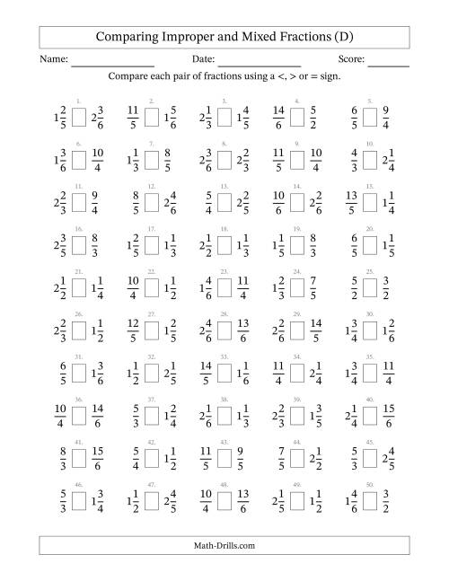 The Comparing Improper and Mixed Fractions to Sixths (D) Math Worksheet