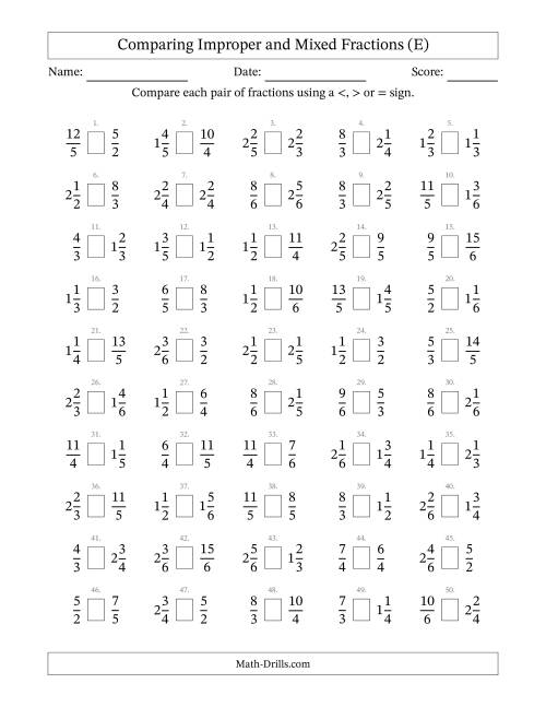 The Comparing Improper and Mixed Fractions to Sixths (E) Math Worksheet
