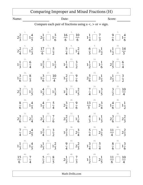 The Comparing Improper and Mixed Fractions to Sixths (H) Math Worksheet