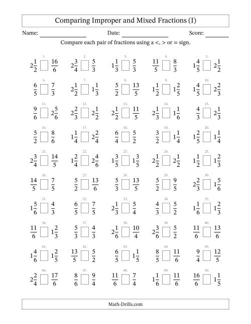 The Comparing Improper and Mixed Fractions to Sixths (I) Math Worksheet