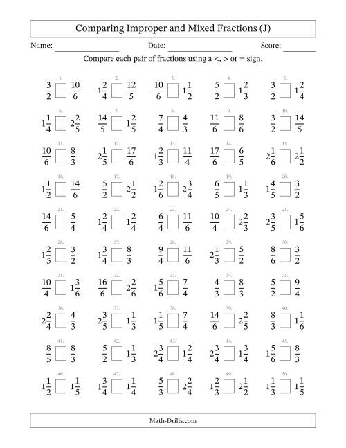 The Comparing Improper and Mixed Fractions to Sixths (J) Math Worksheet