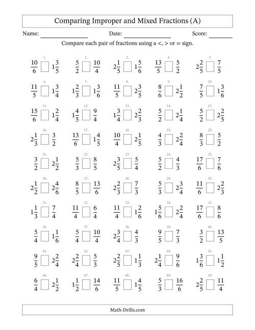 The Comparing Improper and Mixed Fractions to Sixths (All) Math Worksheet