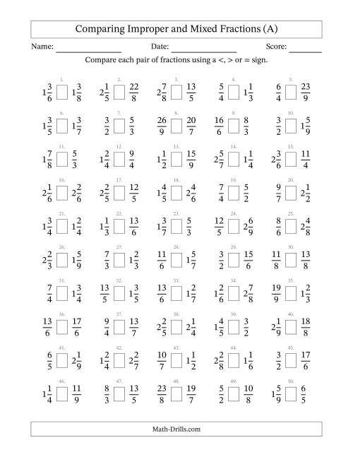 The Comparing Improper and Mixed Fractions to Ninths (A) Math Worksheet