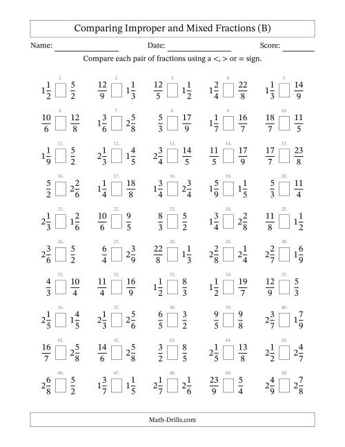 The Comparing Improper and Mixed Fractions to Ninths (B) Math Worksheet