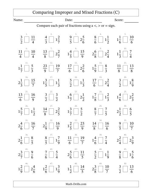 The Comparing Improper and Mixed Fractions to Ninths (C) Math Worksheet