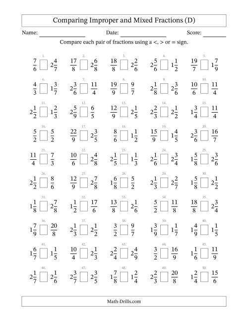 The Comparing Improper and Mixed Fractions to Ninths (D) Math Worksheet