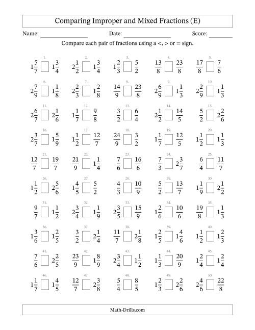 The Comparing Improper and Mixed Fractions to Ninths (E) Math Worksheet