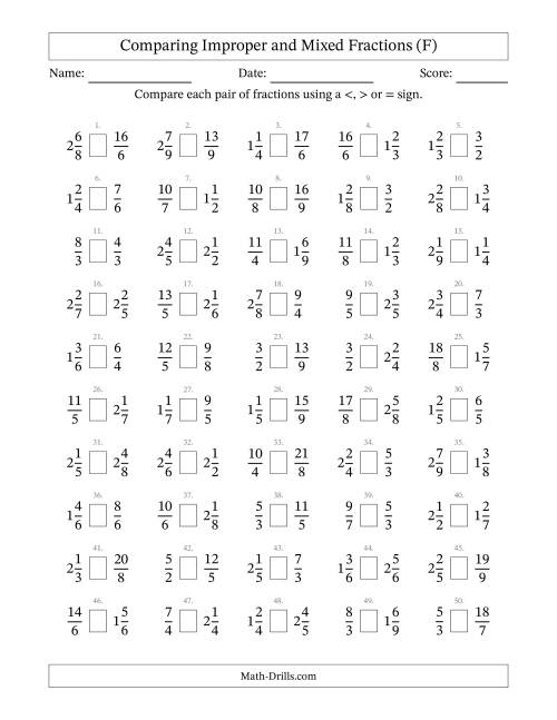 The Comparing Improper and Mixed Fractions to Ninths (F) Math Worksheet