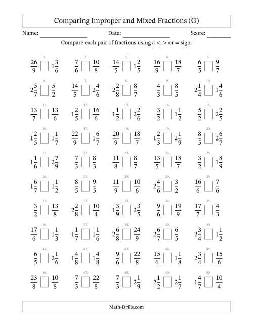 The Comparing Improper and Mixed Fractions to Ninths (G) Math Worksheet