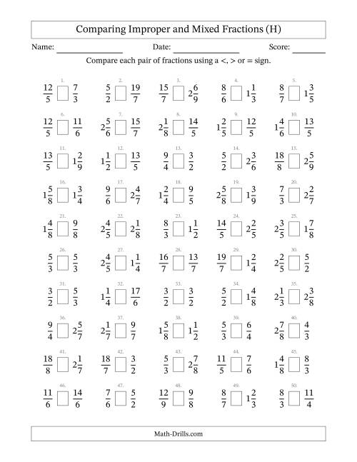 The Comparing Improper and Mixed Fractions to Ninths (H) Math Worksheet