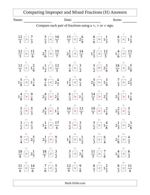 The Comparing Improper and Mixed Fractions to Ninths (H) Math Worksheet Page 2