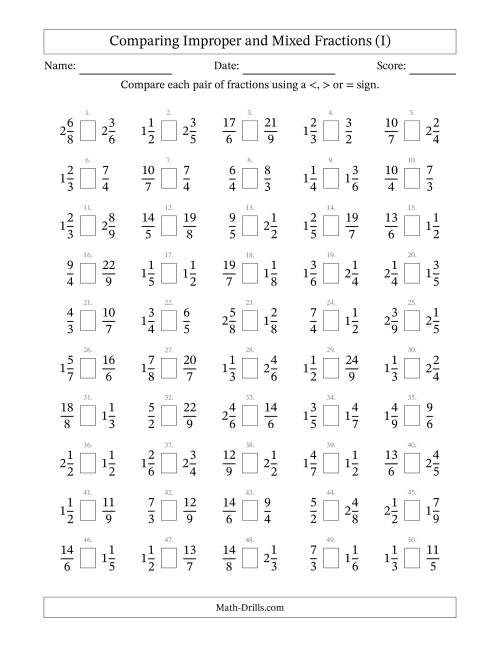 The Comparing Improper and Mixed Fractions to Ninths (I) Math Worksheet