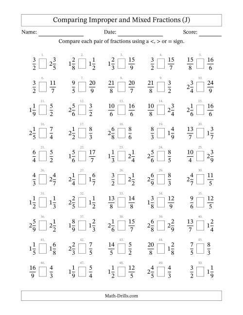 The Comparing Improper and Mixed Fractions to Ninths (J) Math Worksheet