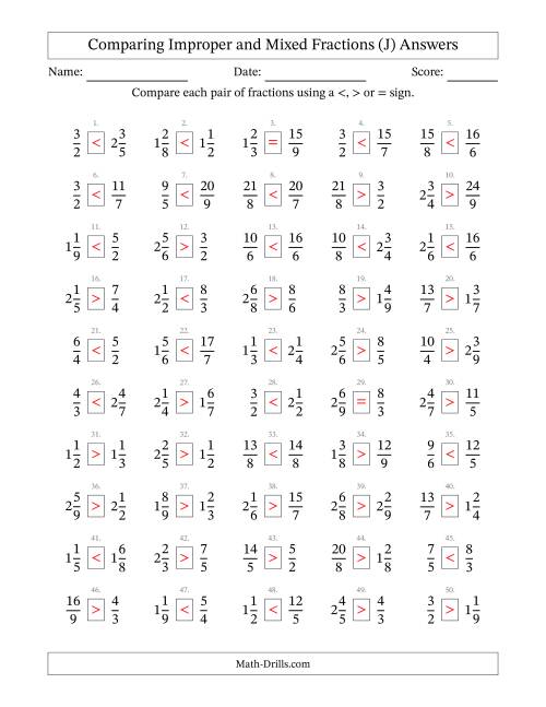 The Comparing Improper and Mixed Fractions to Ninths (J) Math Worksheet Page 2