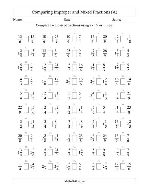 The Comparing Improper and Mixed Fractions to Ninths (No Sevenths) (A) Math Worksheet