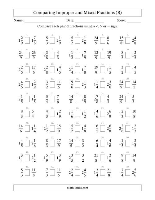 The Comparing Improper and Mixed Fractions to Ninths (No Sevenths) (B) Math Worksheet