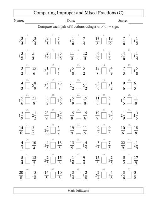 The Comparing Improper and Mixed Fractions to Ninths (No Sevenths) (C) Math Worksheet