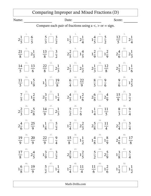 The Comparing Improper and Mixed Fractions to Ninths (No Sevenths) (D) Math Worksheet