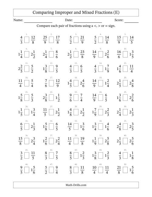 The Comparing Improper and Mixed Fractions to Ninths (No Sevenths) (E) Math Worksheet