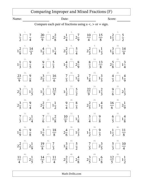 The Comparing Improper and Mixed Fractions to Ninths (No Sevenths) (F) Math Worksheet