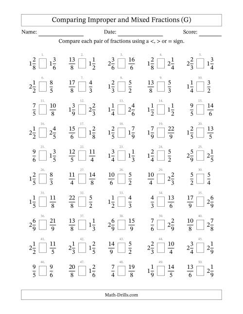 The Comparing Improper and Mixed Fractions to Ninths (No Sevenths) (G) Math Worksheet