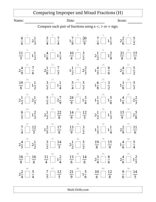 The Comparing Improper and Mixed Fractions to Ninths (No Sevenths) (H) Math Worksheet