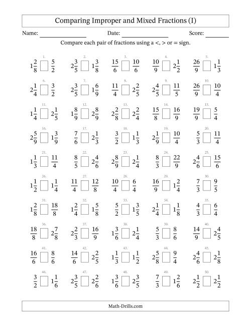 The Comparing Improper and Mixed Fractions to Ninths (No Sevenths) (I) Math Worksheet