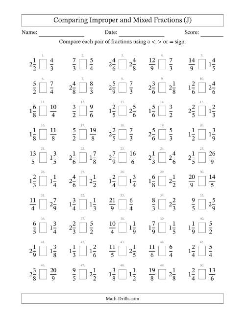 The Comparing Improper and Mixed Fractions to Ninths (No Sevenths) (J) Math Worksheet