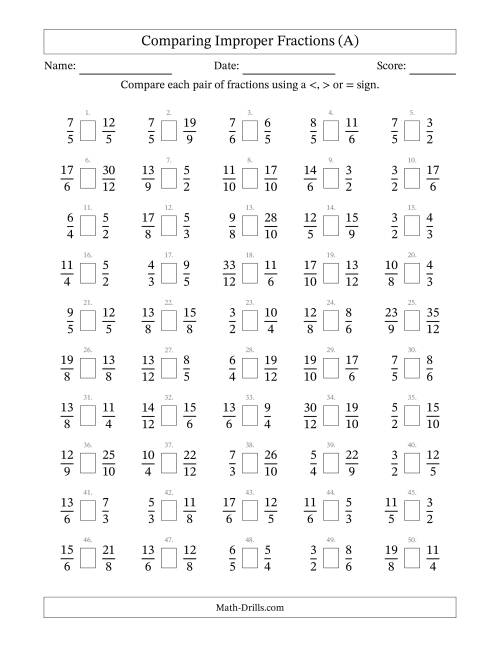 The Comparing Improper Fractions to Twelfths (No Sevenths; No Elevenths) (A) Math Worksheet