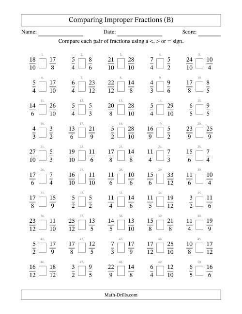 The Comparing Improper Fractions to Twelfths (No Sevenths; No Elevenths) (B) Math Worksheet